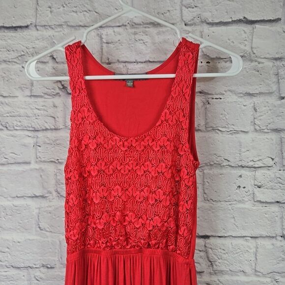 Finn & Clover Red Lace Maxi Dress Sleeveless Sheer Chevron Panel Bohemian Casual - Picture 2 of 10